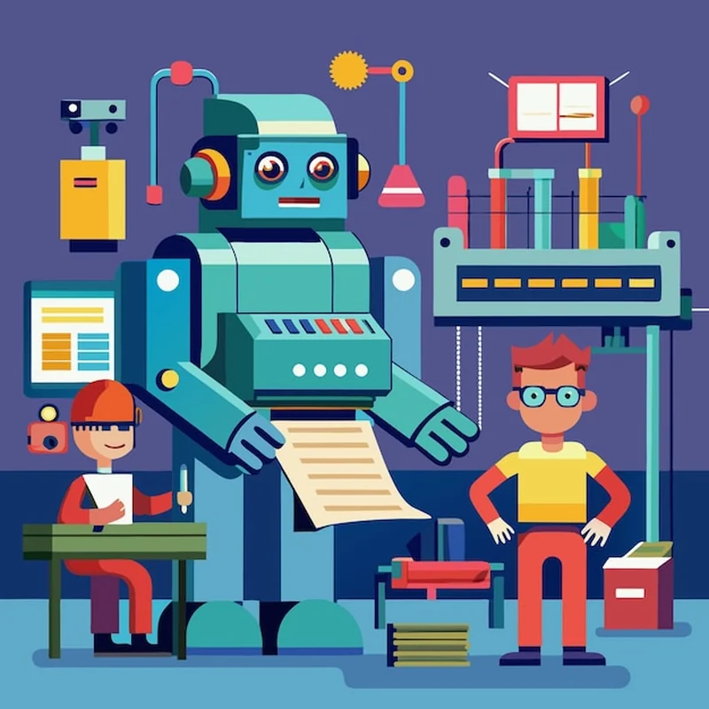 Przyjazny robot pomaga uczniowi w zadaniach domowych