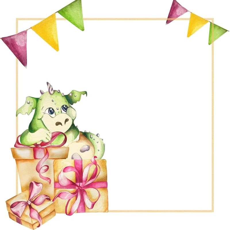 Ilustracja akwarelowa z słodkim smokiem i pudełkami podarunkowymi